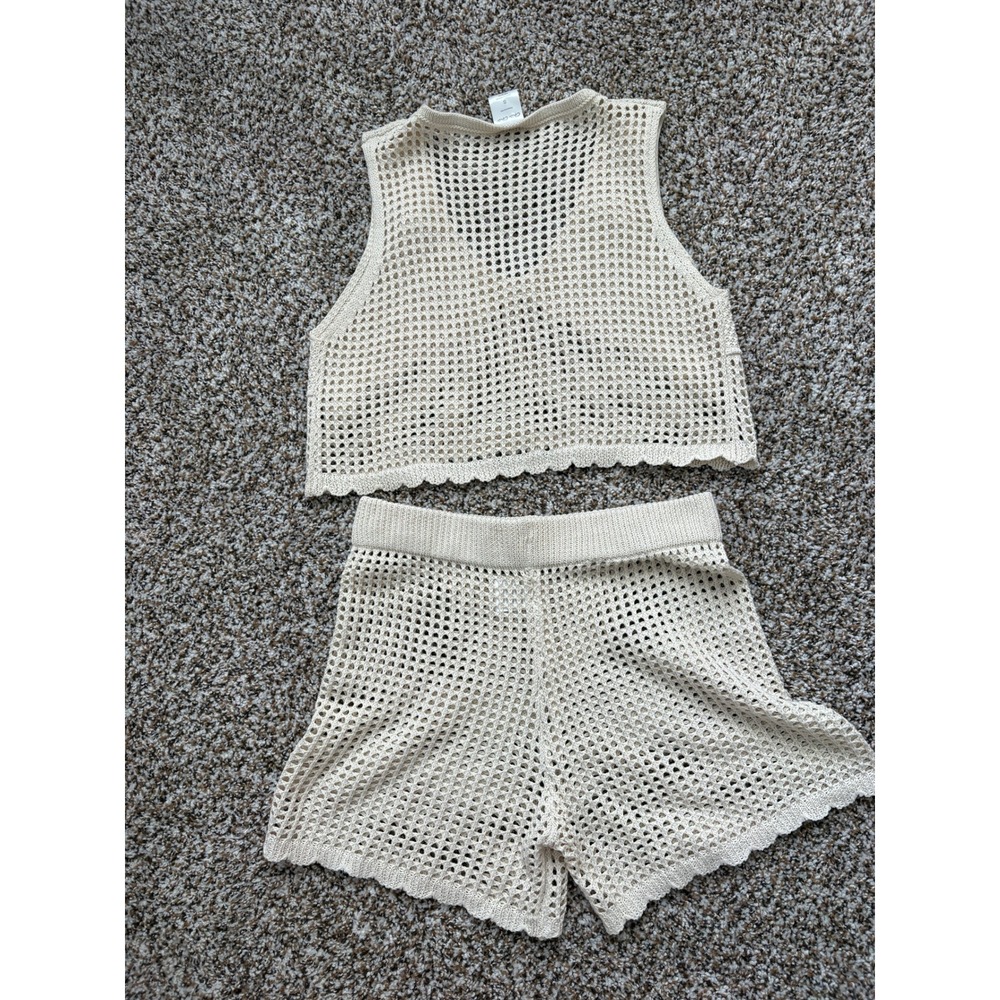 NEW Cha Cha Crochet Two Piece Set Small Cream Floral Applique Boho Scallop Hem - Picture 6 of 6